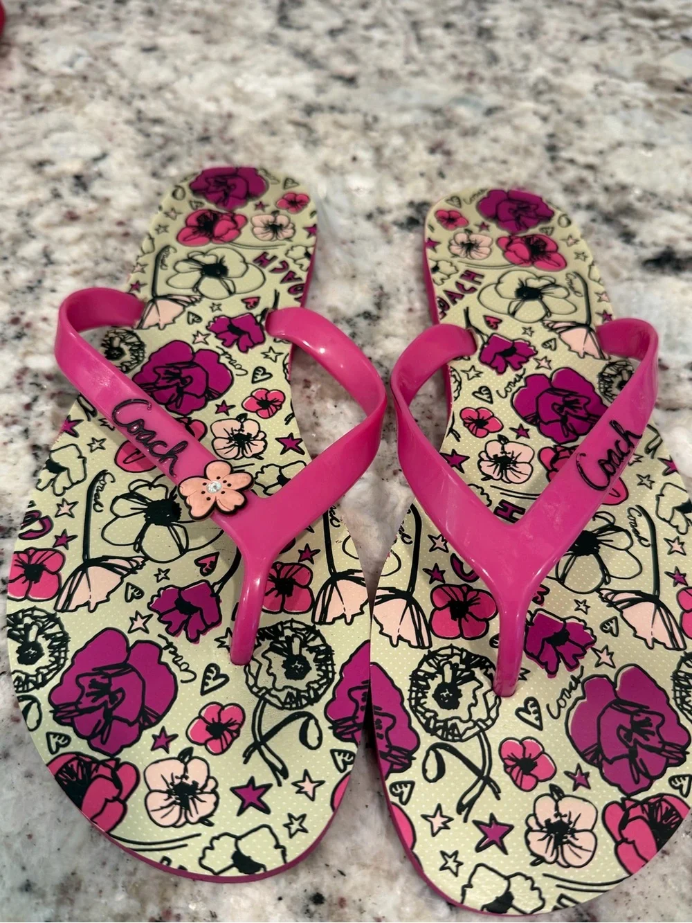 Coach Women's Flip Flops - Black, Pink, Red, Gray Floral and Logo Prints
